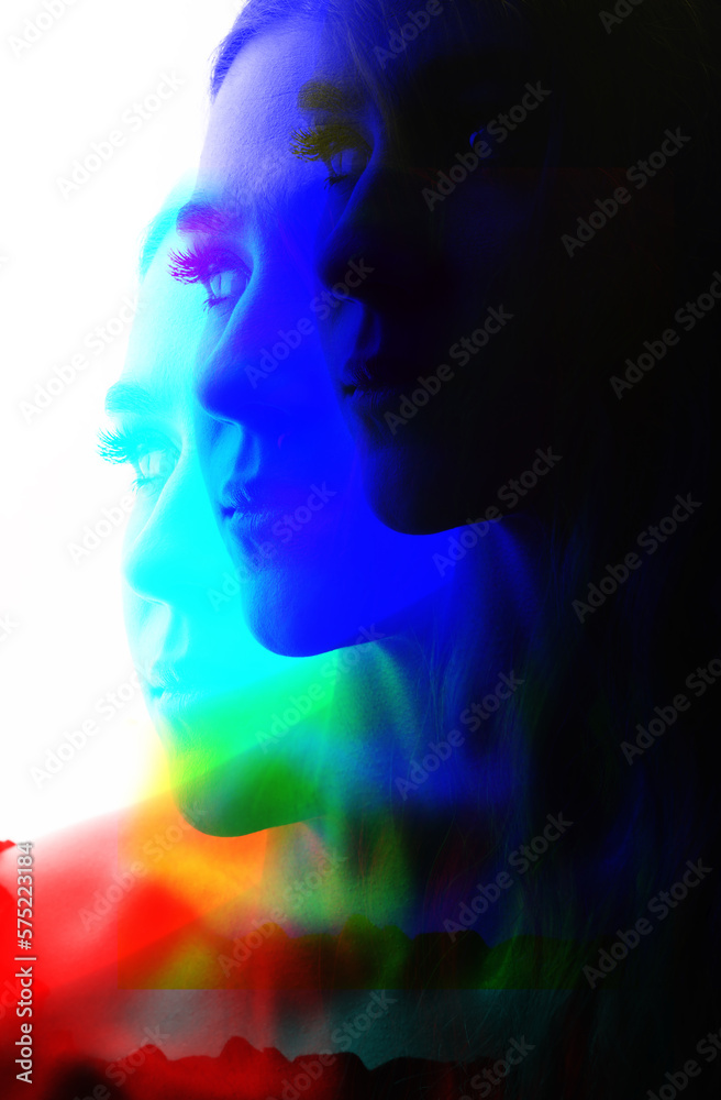 Dark face silhouette of beautiful and sexy woman with wavy hair. Part of model face illuminated with light. RGB color split and 3D glitch virtual reality effect applied. Futuristic looking style