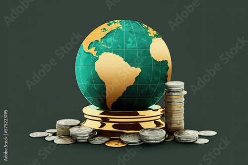 Global economy, denoted by a globe with money and line charts.  Concepts world trade, import, export, investment, inflation, supply chain, growth, currency exchange rate, tariffs, financial markets photo