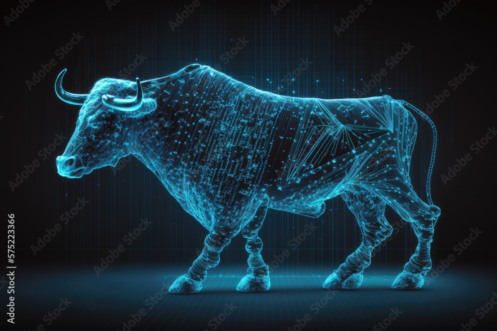 Bull and stock market graph in blue, digital technology and futuristic style, generative AI