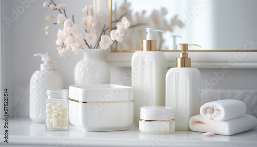 Cosmetic products for body care are displayed beautifully in elegant soft light in a white bathroom interior with a modern style. selective focus. Generative AI © kenchiro168