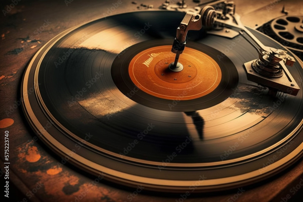 Vintage Vinyl Records and Turntable on Wooden Table Music Audio - obrazy, fototapety, plakaty 
