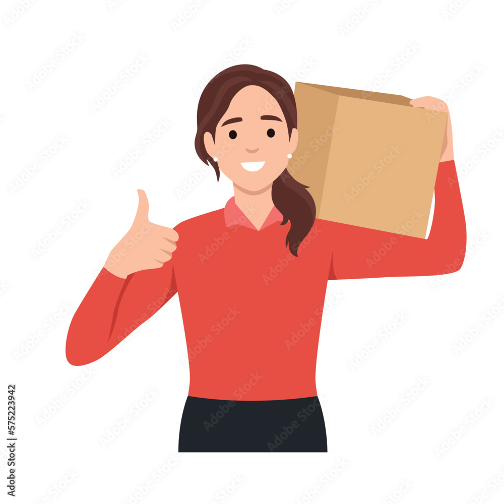 Delivery woman employee holding big box. Flat vector illustration isolated on white background