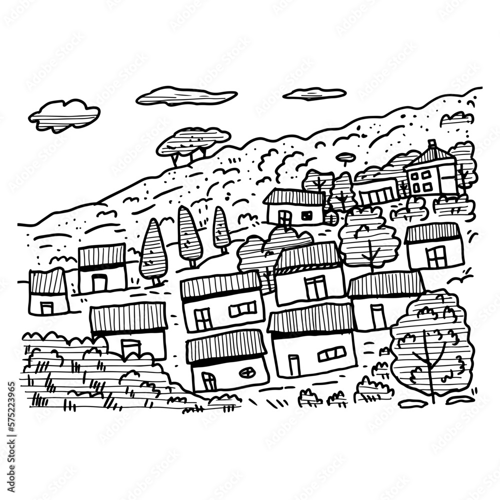 village and mountain illustration hand drawing with hatching