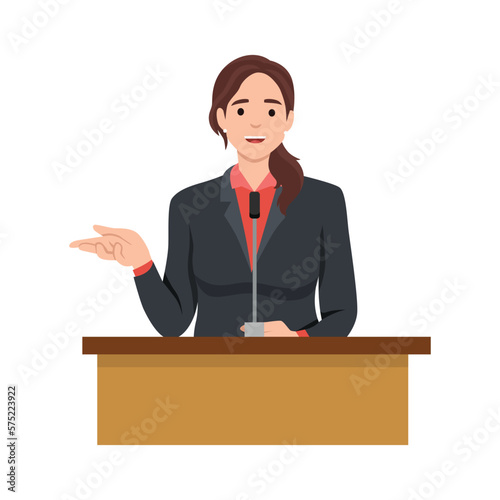 Young politician woman standing behind rostrum and giving a speech, public speaker character. Flat vector illustration isolated on white background