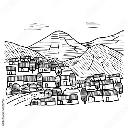 village and mountain illustration hand drawing with hatching