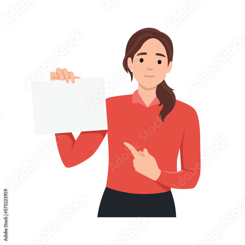 Girl holding displaying white blank board and pointing finger. Happy woman showing blank signboard with copyspace area for your text or slogan. Flat vector illustration isolated on white background