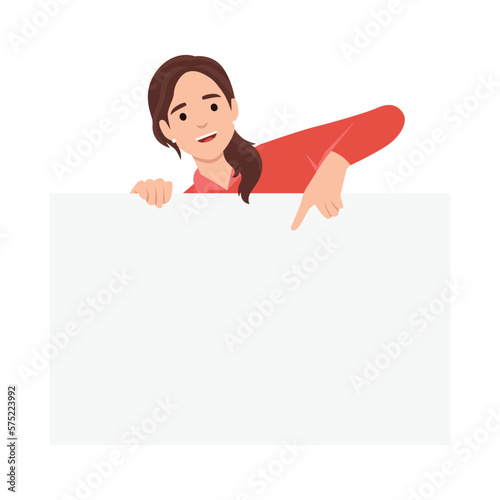 Cheerful girl is standing behind the white blank banner and pointing down at a copy space. Flat vector illustration isolated on white background