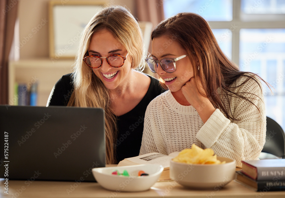 Laptop, women and friends laughing in home while streaming video or comedy movie. Technology, computer and happy girls bonding while watching film, having fun and laugh at comic joke, meme or humor. Laptop, women and friends laughing in home while streaming video or comedy movie. Technology, computer and happy girls bonding while watching film, having fun and laugh at comic joke, meme or humor.