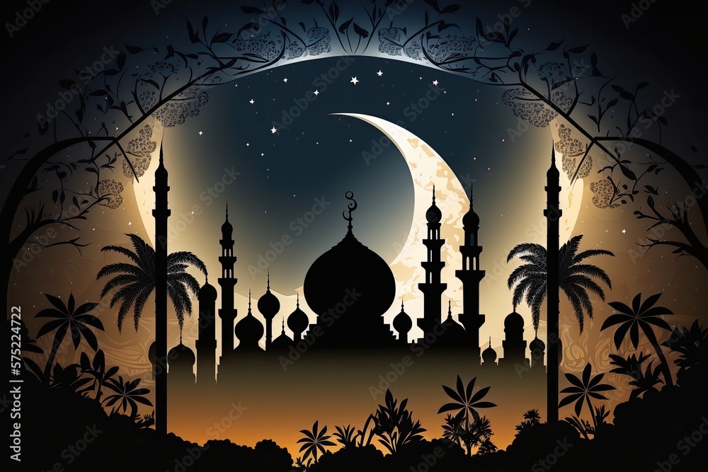 beautiful islamic background detailed mosque moon star Generative AI