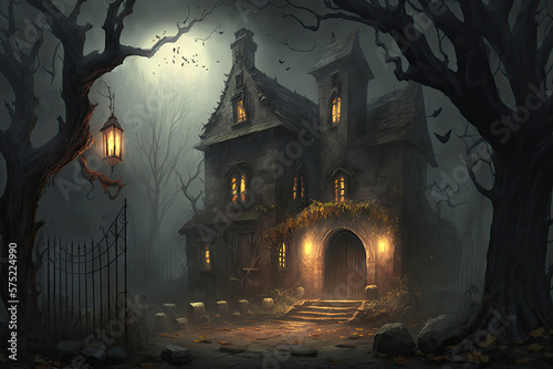 Horror halloween haunted house in creepy night forest. Generative Ai © idealeksis