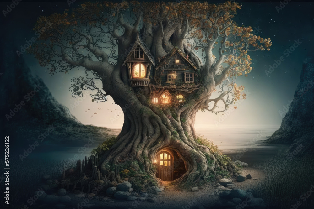 Fantasy house in magic forest, fairytale habitation in tree trunk. Generative AI. Fantasy house in magic forest, fairytale habitation in tree trunk. Generative AI.