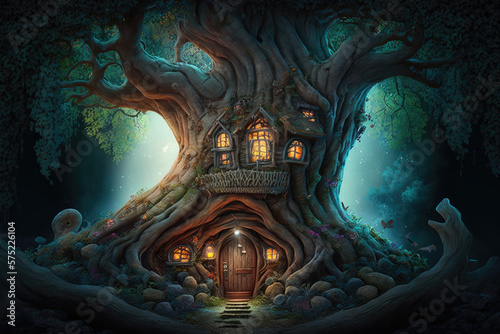 Fantasy house in magic forest  fairytale habitation in tree trunk. Generative AI.