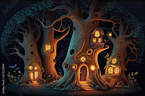 Fantasy house in magic forest  fairytale habitation in tree trunk. Generative AI.