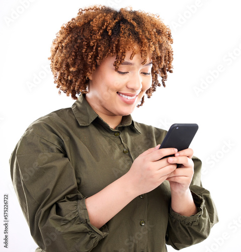 Black woman, phone connection and studio with a young model on social media networking app. Online, streaming and web conversation with a African female looking at happy text with a smile on mobile