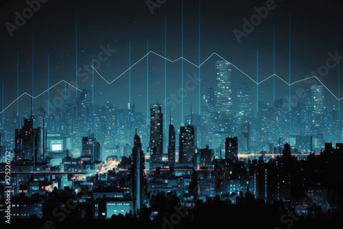 Nighttime cityscape with stock line graph overlay, dark background.  Concept of a prosperous economy, successful stock market, profitable returns, digital data transfer, internet web communication