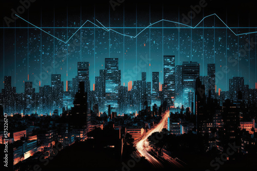 Nighttime cityscape with stock line graph overlay  dark background.  Concept of a prosperous economy  successful stock market  profitable returns  digital data transfer  internet web communication