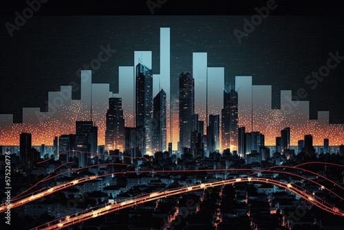 Nighttime cityscape with stock line graph overlay, dark background. Concept of a prosperous economy, successful stock market, profitable returns, digital data transfer, internet web communication