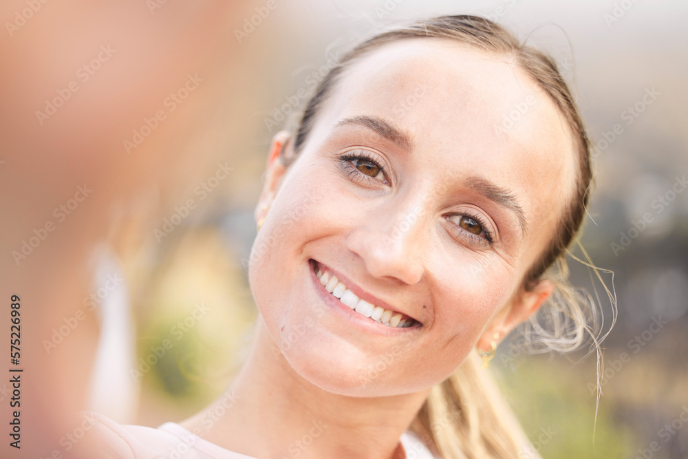 Portrait, selfie and woman in nature for wellness, relax or training, happy and smile on blurred background. Face, girl and runner pose for profile picture, photo or social media update after workout Portrait, selfie and woman in nature for wellness, relax or training, happy and smile on blurred background. Face, girl and runner pose for profile picture, photo or social media update after workout