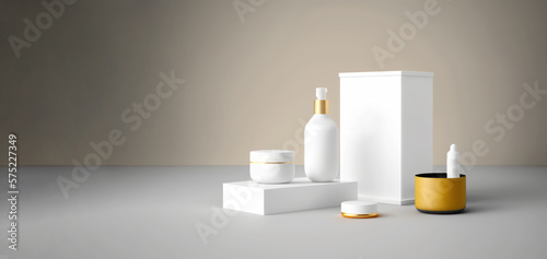 Set cosmetic beauty products in white plastic package. Serum, facial cream, hygienic lipstick on white background. Beauty skincare routine. Copy space. AI Generative content photo