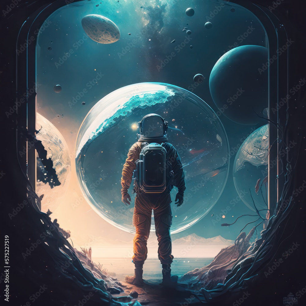 An astronaut in a spacesuit looks at the planets, stars and nebulae in outer space. Journey through other worlds, futuristic illustration for a book or magazine. AI generative content