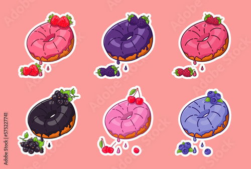 a set of stickers with donuts of different berry fillings, icons of donuts with currants, cherries, strawberries, blackberries, blueberries, raspberries.