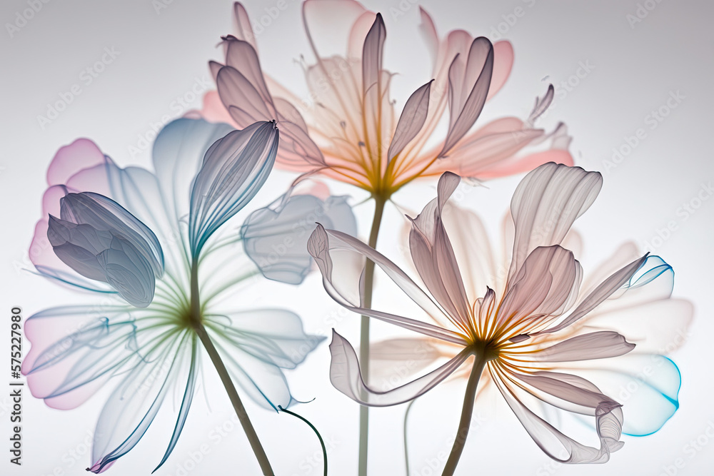 Obraz premium Flower bouquet qith soft colors and translucid petals macro on white background, generative ai illustration