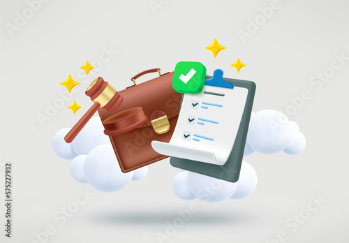 Judicial hammer, briefcase and verdict with checkmark. 3d vector illustration