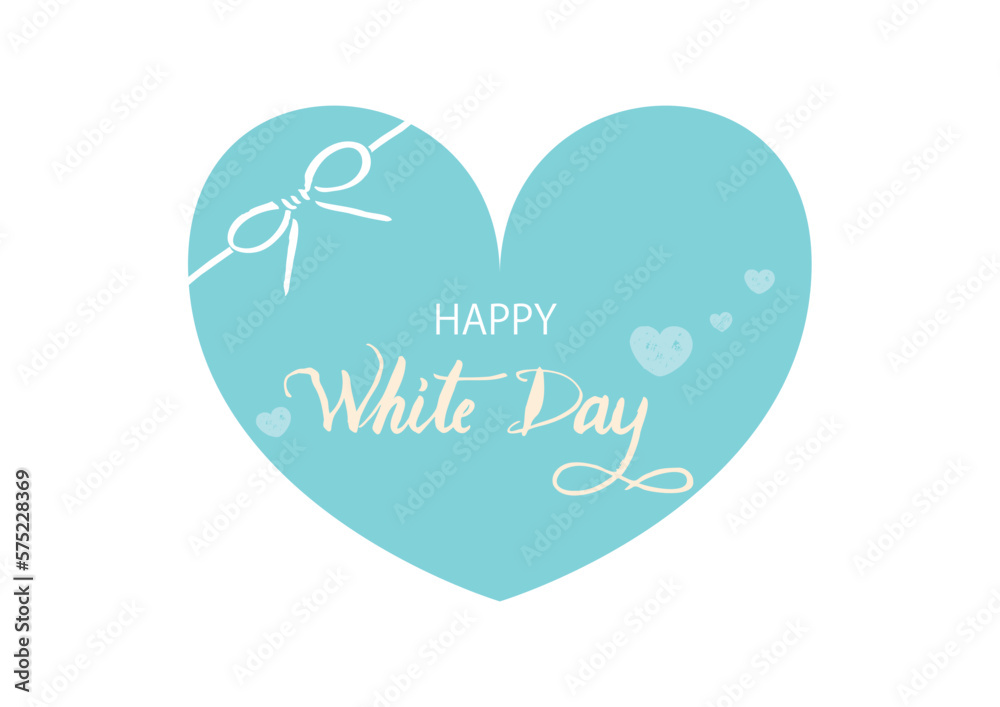 水色のハートに素敵な手書きのカリグラフィー、クリーム色のWhite Day、Happyがフォント版、背景なし