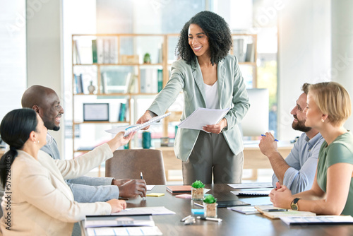 Photography Black woman, leader with business people and team in meeting, paperwork and presentation with collaboration