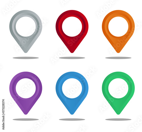 set of colorful pointers on white background with shadow, Checkmark icon. Approvement concept, Geolocation map mark, point location