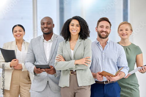 фотографія Teamwork, manager portrait and diversity of office team happy about hr collaboration