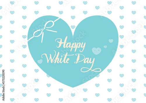 水色のハートに素敵な手書きのカリグラフィー、クリーム色のHappy White Day、背景ハート