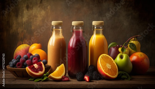 bottles of fruit juice and smoothie with fresh fruits on wooden table. Generative ai