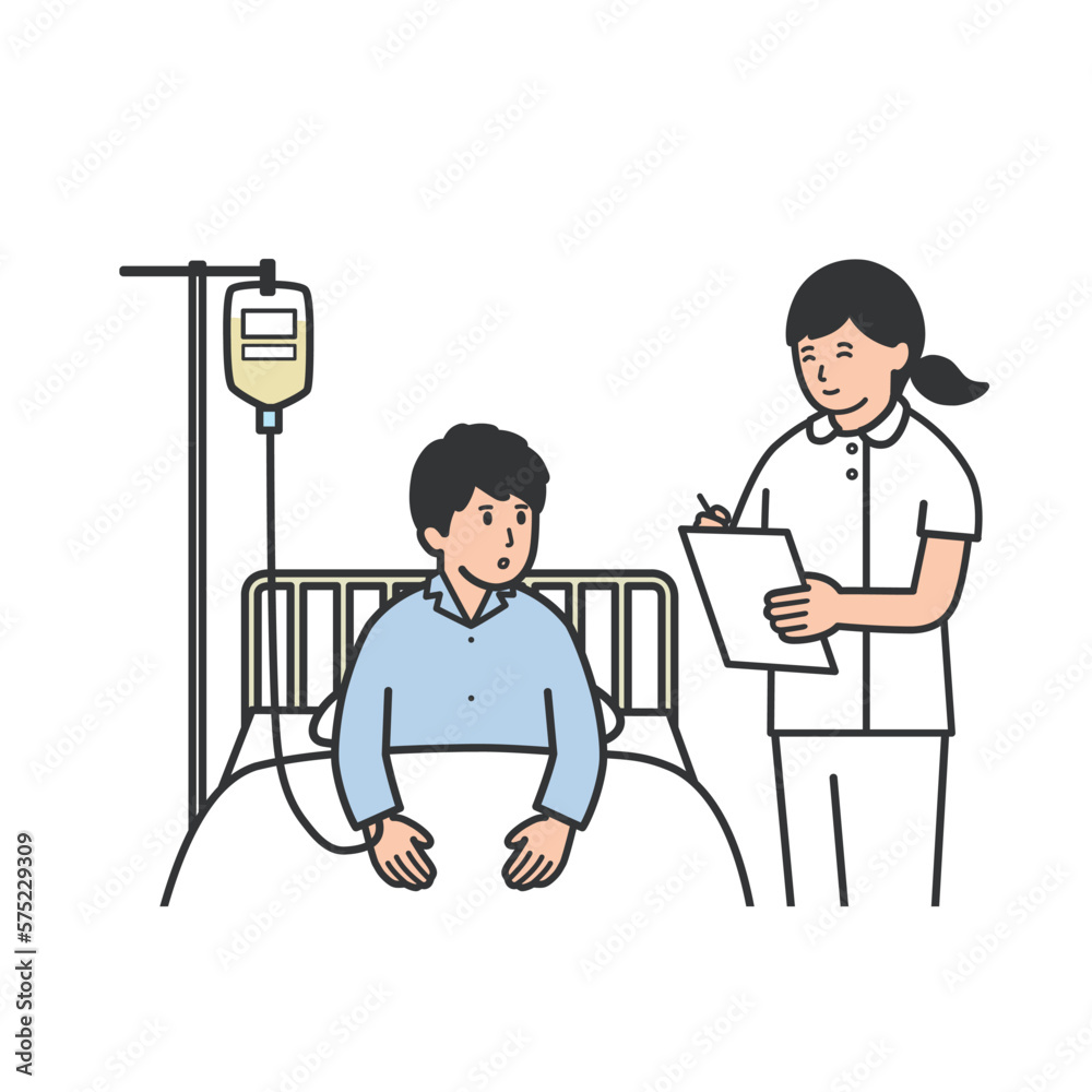 ベッドで看護師と話をする男性のイラスト ベッドで看護師と話をする男性のイラスト