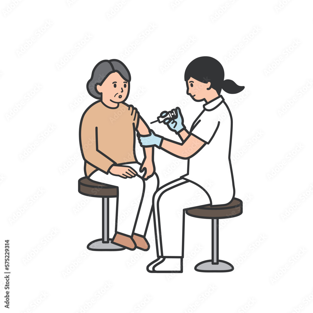 看護師から注射を受ける年配女性のイラスト