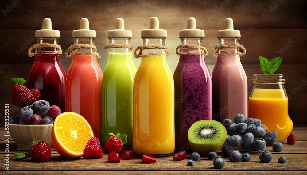 bottles of fruit juice and smoothie with fresh fruits on wooden table. Generative ai bottles of fruit juice and smoothie with fresh fruits on wooden table. Generative ai