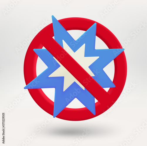 Comic flash symbol in a red circle with crossed line. 3d vector icon 