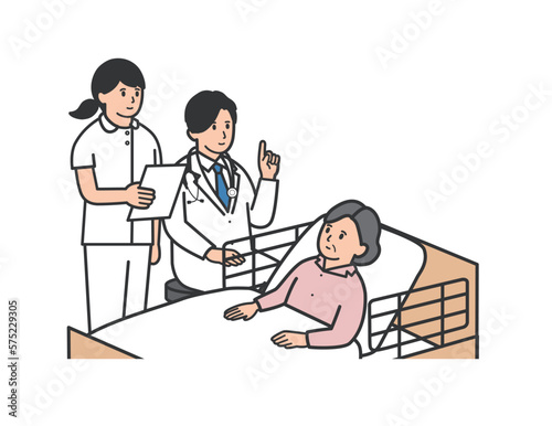 入院中のベッドで医者の話を聞く年配女性のイラスト
