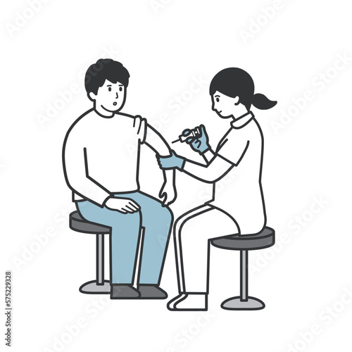 看護師から注射を受ける男性のイラスト © hitomi miyahara