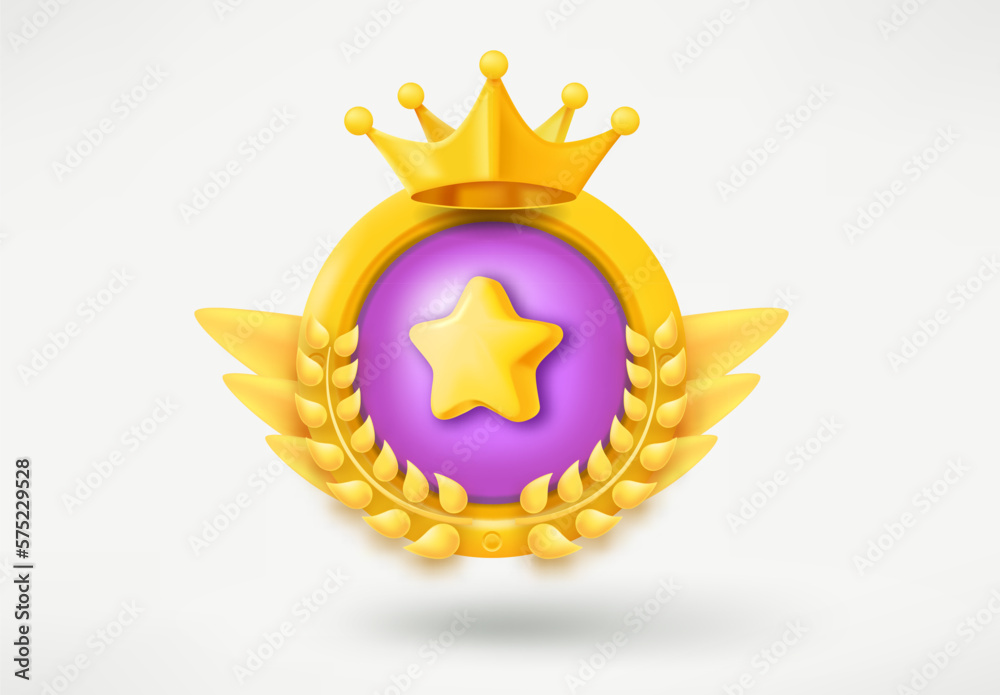 Game rank emblem with star and wreaths. Game achievement 3d badge isolated on white background