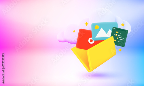 Yellow folder with galley, video and charts. 3d vector banner with copy space