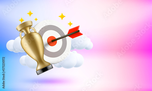 Shoot on goal concept. Target, dart and golden trophy. 3d vector banner with copy space