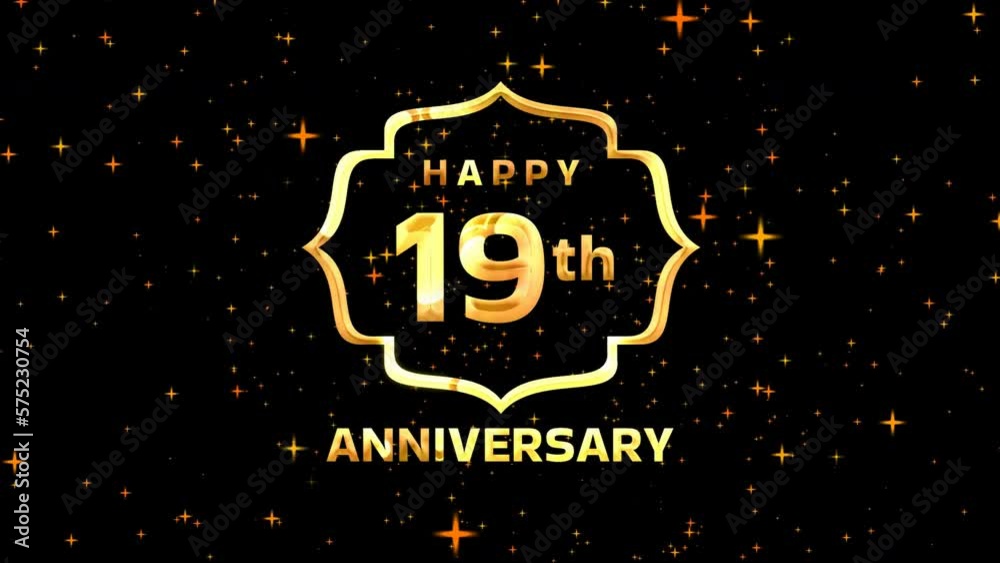 Happy 19th Anniversary animation text in gold color on particles glitter background. Suitables for anniversary greeting card. 4k video.