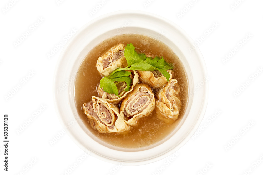 Top view of Clear Soup with Minced pork tenderloin and Egg Roll sprinkled with celery leaves isolated on with background. Foods that are highly nutritious and healthy. Top view of Clear Soup with Minced pork tenderloin and Egg Roll sprinkled with celery leaves isolated on with background. Foods that are highly nutritious and healthy.