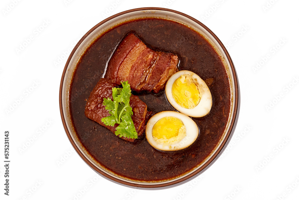 Top view of Egg and Pork in Sweet Brown Sauce in bowl isolated on white background, 2 boiled eggs, braised pork and cilantro. popular food in asia. Top view of Egg and Pork in Sweet Brown Sauce in bowl isolated on white background, 2 boiled eggs, braised pork and cilantro. popular food in asia.