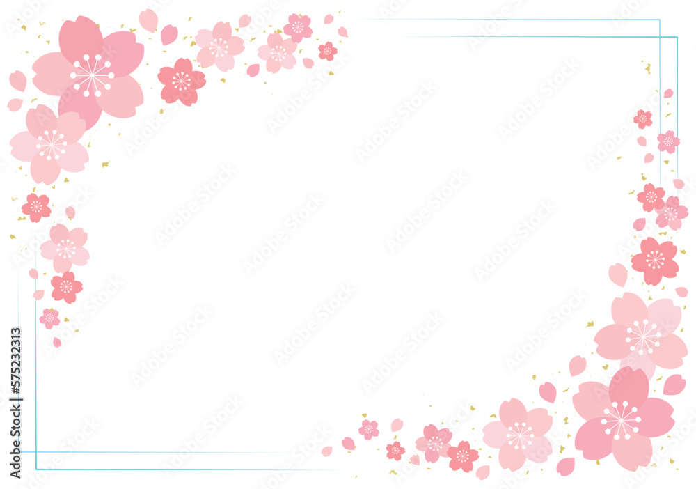桜の花と細ラインの四角フレーム 背景/水色