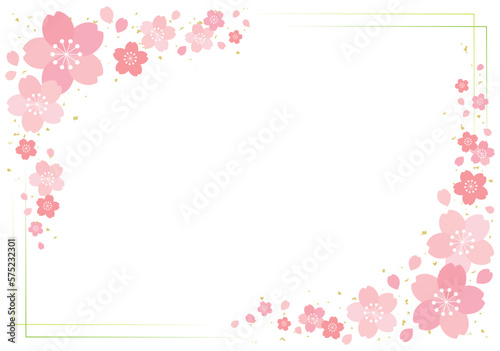 桜の花と細ラインの四角フレーム 背景/黄緑