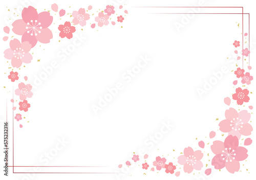 桜の花と細ラインの四角フレーム 背景/赤