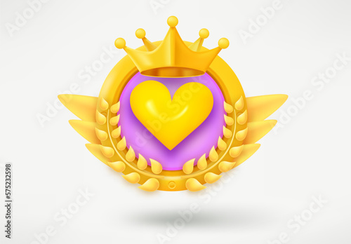 Golden game rank emblem with heart and wreath. Game achievement 3d badge isolated on white background