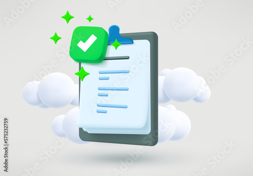 Text on the clipboard. Approved business report concept with check mark. 3d vector illustration